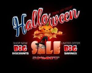 Poster - Holiday, design background with handwriting 3d texts, Jack O Lantern and leaf in autumn colors for Halloween, sales and commercial events; Vector illustration