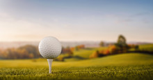 Close Up Of A Golf Ball At The Golf Course Tee With Copy Space
