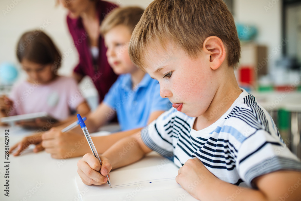 A group of small school kids with teacher in class writing.