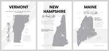 Vector Posters With Highly Detailed Silhouettes Of Maps Of The States Of America, Division New England - Vermont, New Hampshire, Maine - Set 1 Of 17