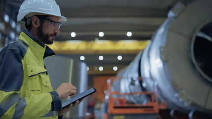 Wall Mural - Heavy Industry Engineer Walk Through Pipe Manufacturing Factory, Use Digital Tablet Computer. Facility for Construction of Oil, Gas and Fuel Pipeline Transportation Products. Side View Slow Motion