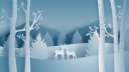 Deer couple in forest in paper cut style. Winter landscape with snow field in Christmas and winter season. Vector illustration design, poster, banner, wallpaper, backdrop.