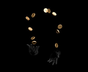 Black hands juggle money. Secret Money management and capitalist concept. 3d illustration