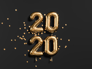 Wall Mural - New year 2020 celebration. Gold foil balloons numeral 2019 and on black wall background. 3D rendering