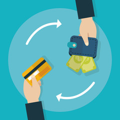 Poster - hands with wallet and bank card transaction finance