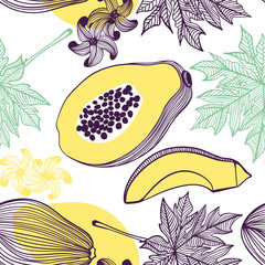 Wall Mural - Seamless pattern of papaya. Fruit, leaf, slice, flower of tropical papaya. Vector hand drawn illustration set in modern trendy flat style for web, print posters and wallpapers