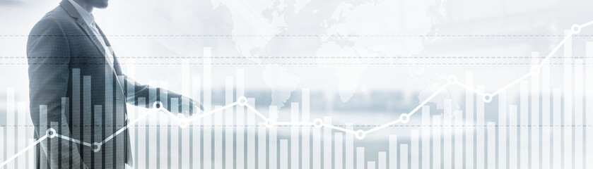 Wall Mural - double exposure global world map on business financial stock market trading background.