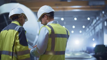 Wall Mural - 
Two Heavy Industry Engineers Stand in Pipe Manufacturing Factory, Use Digital Tablet Computer, Have Discussion. Large Pipe Assembled. Design and Construction of Oil, Gas and Fuels Transport Pipeline