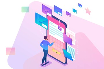 Poster - Young man creates New email message, send mail notification. New incoming message. Business correspondence. 3d isometric. Concept for web design