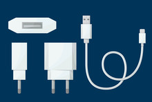 Smartphone USB Charger Adapter In Different View With USB Micro Cable. Vector Illustration In Cartoon Style.