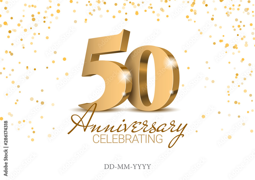 Anniversary 50. gold 3d numbers. Poster template for Celebrating 50th anniversary event party. Vector illustration - obrazy, fototapety, plakaty 