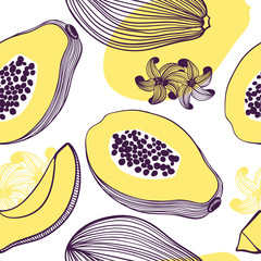 Wall Mural - Seamless pattern of papaya. Fruit, leaf, slice, flower of tropical papaya. Vector hand drawn illustration set in modern trendy flat style for web, print posters and wallpapers