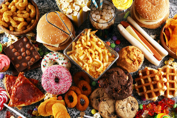 unhealthy products. food bad for figure, skin, heart and teeth.