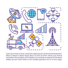 Poster - Telecommunication, broadcasting industry article page vector template. Brochure, magazine, booklet design element with linear icons and text boxes. Print design. Concept illustrations with text space