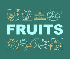 Wall Mural - Fruits word concepts banner. Growing harvesting and storage gardening products. Presentation, website. Isolated lettering typography idea with linear icons. Vector outline illustration