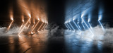 Fototapeta Do przedpokoju - Smoke Smoke Sci Fi Lines Arc Spaceship Glowing Neon Orange Blue  Futuristic Virtual Grunge Concrete Cement Reflective Dark Night Tunnel Corridor Hallway Gate Ceiling Floor 3D Rendering