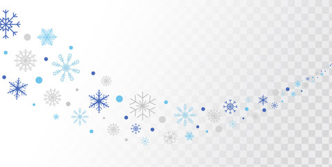 Snowflakes and snow border. Blue and silver snowflakes stream isolated on transparent background. Bright Christmas design for cards, banner, posters, web. Winter ornament. Vector illustration