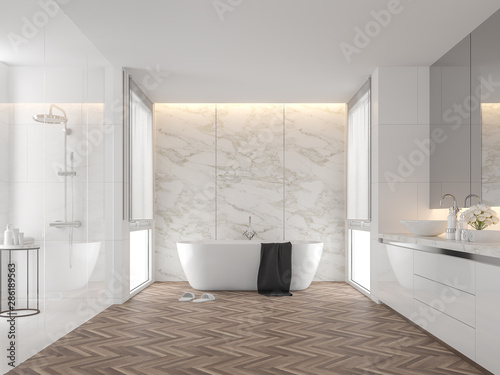 Luxury Bathroom With White Marble Backdrop Walls 3d Render The