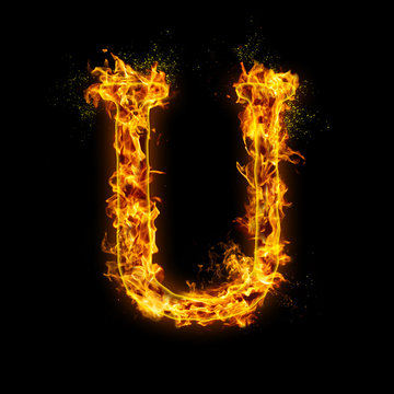 Letter U. Fire flames on black isolated background, realistick fire effect with sparks. Part of alphabet set