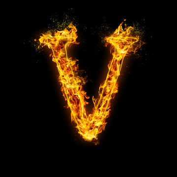 Letter V. Fire flames on black isolated background, realistick fire effect with sparks. Part of alphabet set