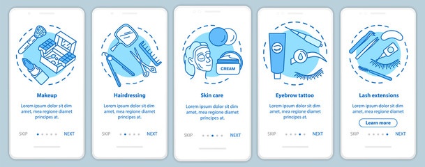 Beauty salon services blue onboarding mobile app page screen with linear concepts. Makeup, hairdressing parlor walkthrough steps graphic instructions. UX, UI, GUI vector template with illustrations