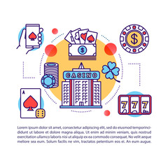 Poster - Casino article page vector template. Las Vegas. Gambling & games of chance. Poker, slots, betting. Brochure, magazine, booklet element with linear icons and text. Print design. Concept illustrations