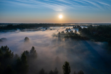 Wall Mural - Aerial view of the forest, field and river covered with layers of thick morning fog