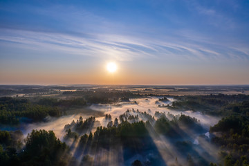 Wall Mural - The rays of the morning sun make their way through the thick fog over the forest, field and river