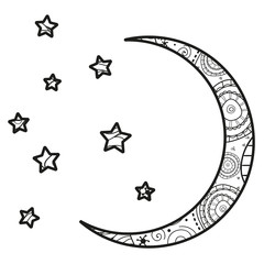 Wall Mural - Crescent moon with stars with abstract patterns on isolation background. Design for spiritual relaxation for adults. Black and white illustration for anti stress colouring page
