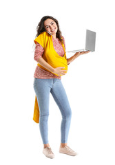 Young mother with little baby in sling and laptop talking by mobile phone on white background