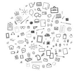 Wall Mural - Pattern with school supplies. Back to school. Hand drawn infographic elements. Black and white illustration