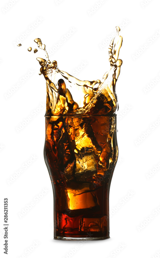 Glass of cold cola with splash on white background