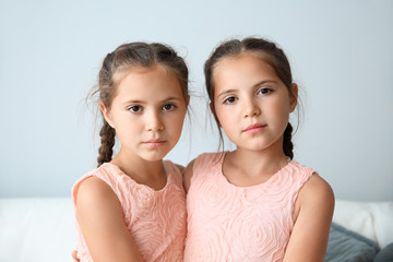 Poster - Portrait of cute twin girls on light background