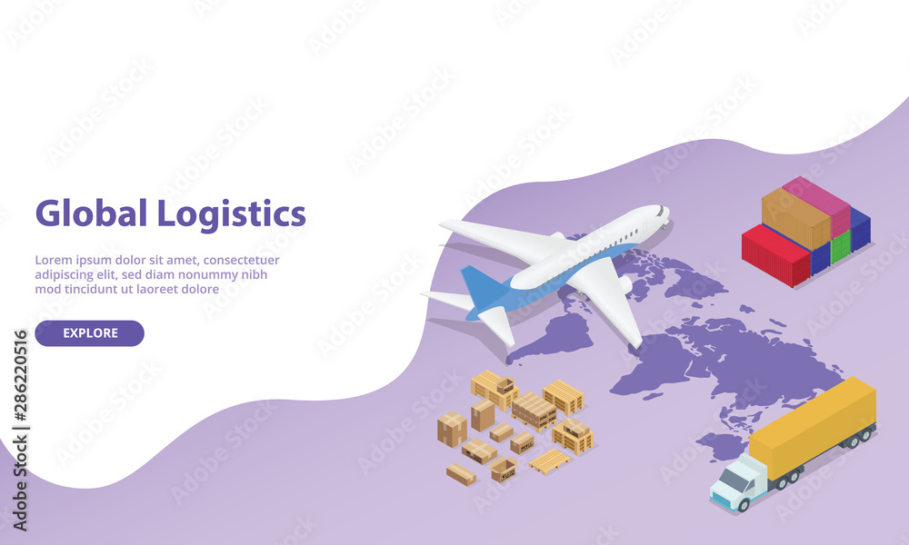 global logistics network with world map and transportation plane and ...
