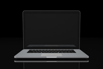 Computer laptop blank display on black background workspace mock up design illustration 3D rendering