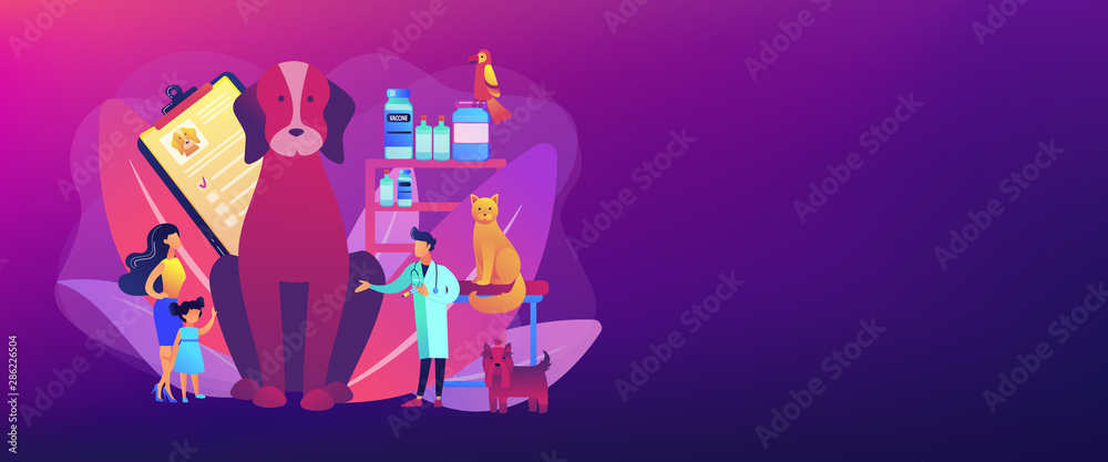 Veterinary service, pharmacy and clinic. Animals treatment. Veterinarian consultation. Vet clinic, vet surgical services, pets medical care concept. Header or footer banner template with copy space. - obrazy, fototapety, plakaty 