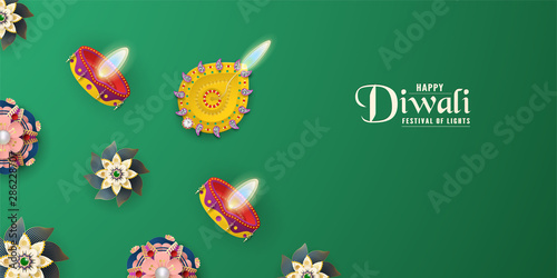 Diwali Is Festival Of Lights Of Hindu For Invitation Background Web Banner Advertisement 3d Vector Illustration Design In Paper Cut And Craft Style Tone Colors Is Dark Green Buy This Stock