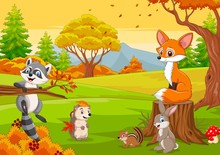 Cartoon Wild Animals In The Autumn Forest