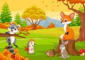 Sticker - Cartoon wild animals in the autumn forest