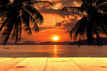 Wooden Table And Sea At Sunset Summer Background