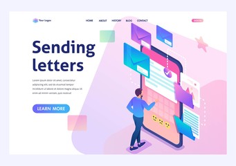 Wall Mural - Young man creates New email message, send mail notification. New incoming message. Business correspondence. 3d isometric. For Landing page concepts and web design