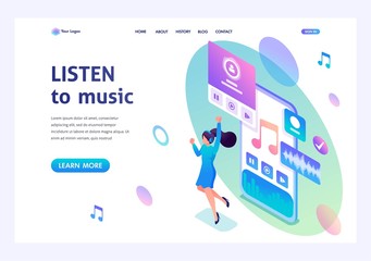 Poster - isometric concept the girl listens to music on the smartphone through the app, dancing and rejoicing