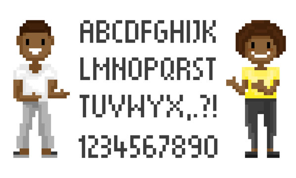 Pixelated characters, abc with numbers, question and exclamation mark, pixel alphabet numbers and people man and woman smiling and talking, pixel game graphics. Afro American and Evropean personages