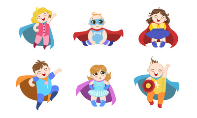 Sticker - Cute Superhero Babies Set, Happy Adorable Boys and Girls in Costumes of Superhero and Capes Vector Illustration