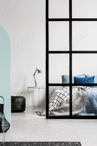 Open Plan Bedroom Interior With Partition Wall With Mullions