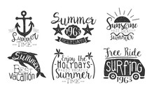 Summer Time Retro Labels Set, Enjoy The Holidays, Surfing Free Ride Hand Drawn Badges Vector Illustration