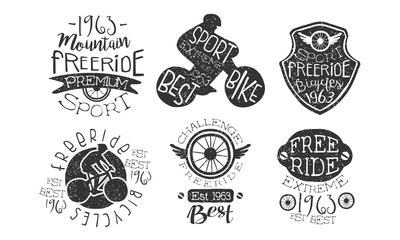 Canvas Print - Mountain Freeride Premium Retro Labels Set, Bicycle Extreme Sport Hand Drawn Badges Monochrome Vector Illustration