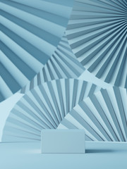 Poster - Abstract background for branding, identity and packaging presentation. Podium on light blue paper fan medallion background. 3d rendering illustration.