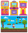 © robu_s - Game machine set, monitor of go or over game. Screen of pixel video-game, knight hero with steel, 8 bit award and key, pixelated bulb power symbols, adventure vector