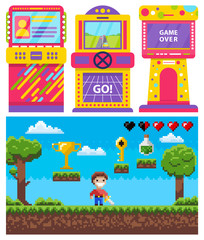Aufkleber - Game machine set, monitor of go or over game. Screen of pixel video-game, knight hero with steel, 8 bit award and key, pixelated bulb power symbols, adventure vector